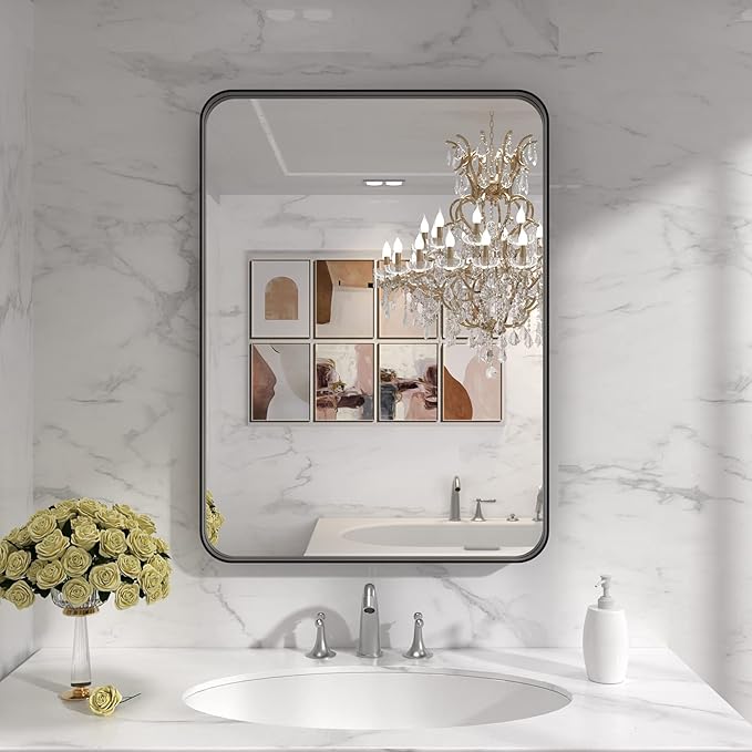 LOAAO Black Metal Framed Bathroom Mirror for Wall, 22X30 Inch Rounded Rectangle Mirror, Matte Black Bathroom Vanity Mirror Farmhouse, Anti-Rust, Hangs Horizontally or Vertically