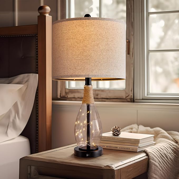 OYEARS Bedside Table Lamp with USB, 23‘’ Black Farmhouse Nightstand Lamps for Bedroom, Retro Rattan Table Lamps for Night Stands, Living Room, Farmhouse Table Lamp with Glass Nightlight Lamps