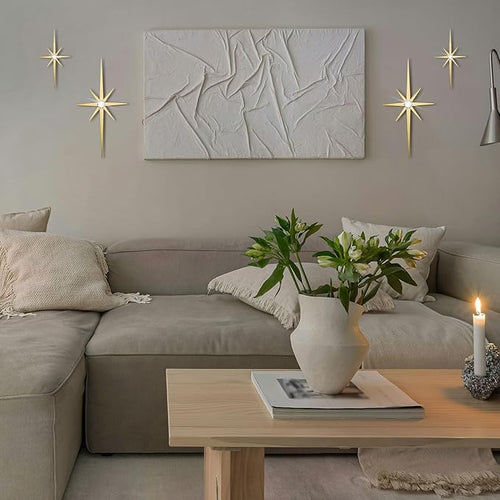 4 Pack Metal Star Wall Art 8 Pointed Starburst Wall Decor Set with 2 Large & 2 Small Pieces Mid Century Celestial Metal Wall Sculpture for Bedroom Living Room Office Gallery Wall