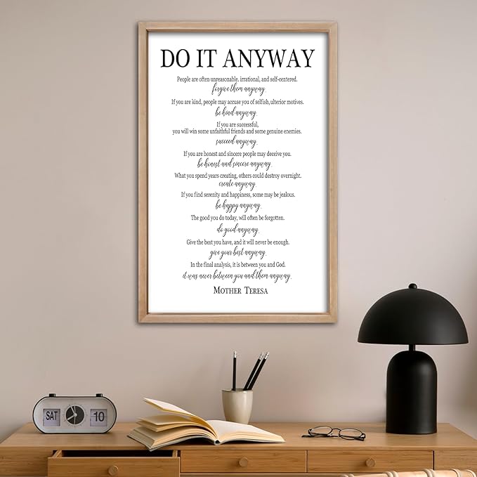 comurdyo Do It Anyway Wall Decor 24"x16" Mother Theresa Quotes Inspirational Sign Bible Verse Christian Motivational Modern Bedroom Vintage Wood Framed Farmhouse Wall Hanging Art (Wood)