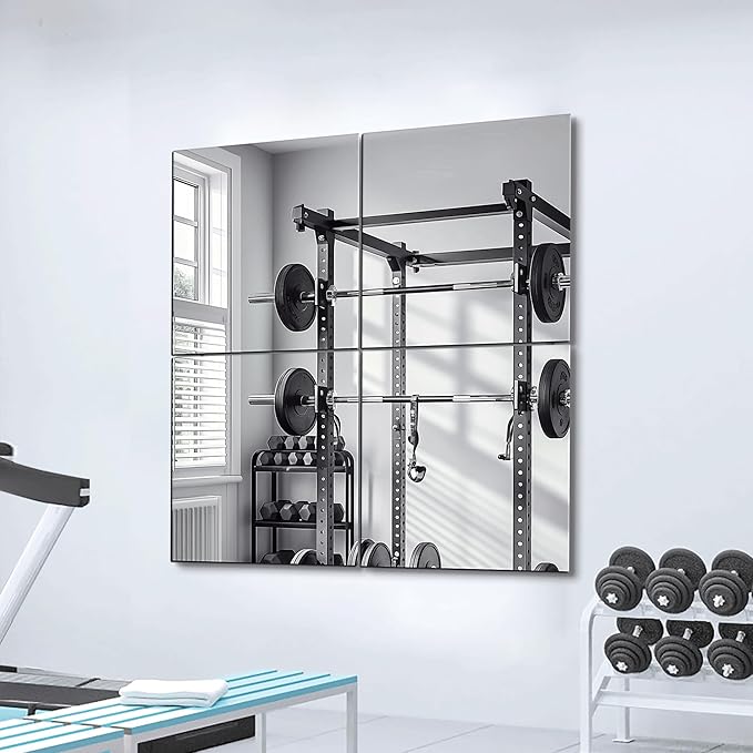 Delma Frameless Mirror Tiles 20"x20"x4 Pcs Wall Mounted, Shatter Resistant Full Length Tempered Glass Panels for Home Gym Bathroom Bedroom & Living Room Decor