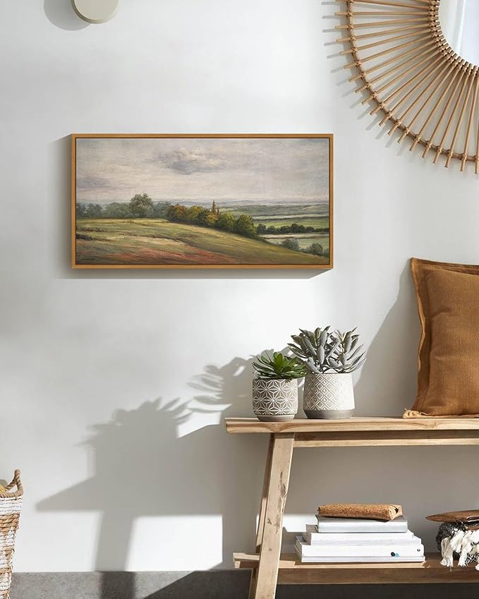 SHENIFY Vintage Framed Wall Art White Clouds Over Vast Grassland Landscape Painting Retro Meadow Scenery Farmhouse Kitchen Living Room Decor - 8x16in Natural Framed