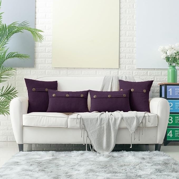 HWY 50 Purple Chenille Throw Pillow Covers 20x20 Inch with Triple Buttons, Soft Farmhouse Accent Decorative Cushion Cases for Couch Sofa Bed Living Room Pack of 2