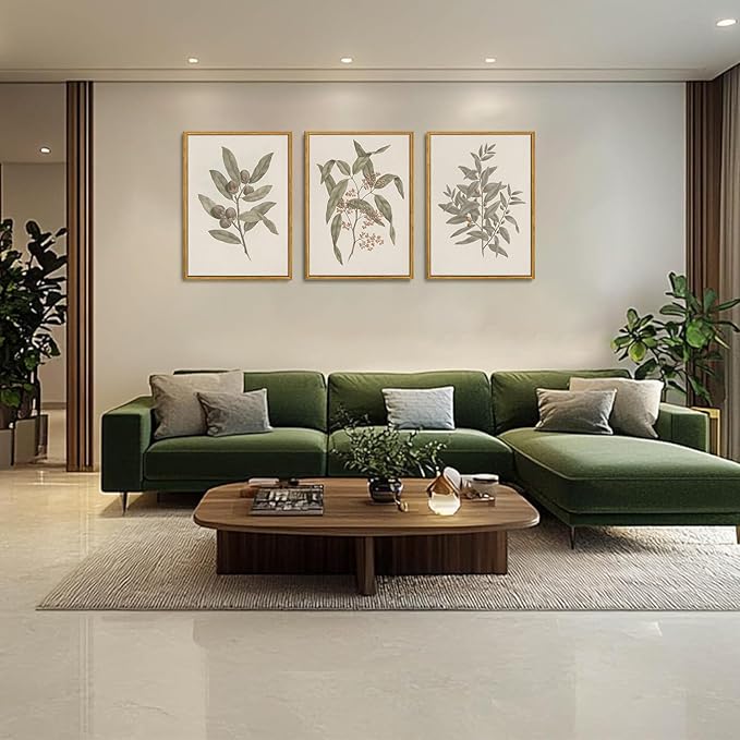 Wodkwq 3 Piece Vintage Botanical Canvas Wall Art Framed, Neutral Farmhouse Country Wall Decor,Sage Green Leaves Plants,Floral Painting For Living Room,Bedroom,Office,Kitchen 12x16in