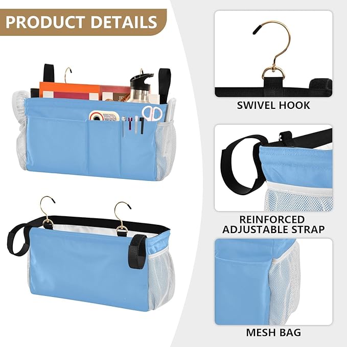 Lake Blue Bedside Caddy Storage Bag Bedside Organizer for Dorm Room Top Bunk Bed Bedside Shelf Hanging Organizer 6 Pockets with Hooks for Glasses Book Tablet Holder