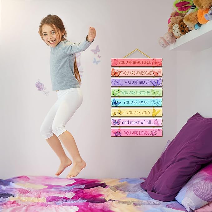 Rutiyoka Butterfly Room Decor for Girls Bedroom Wall Rainbow Inspirational Art Kids Wood Decorations Little Girl Nursery Toddler Sign