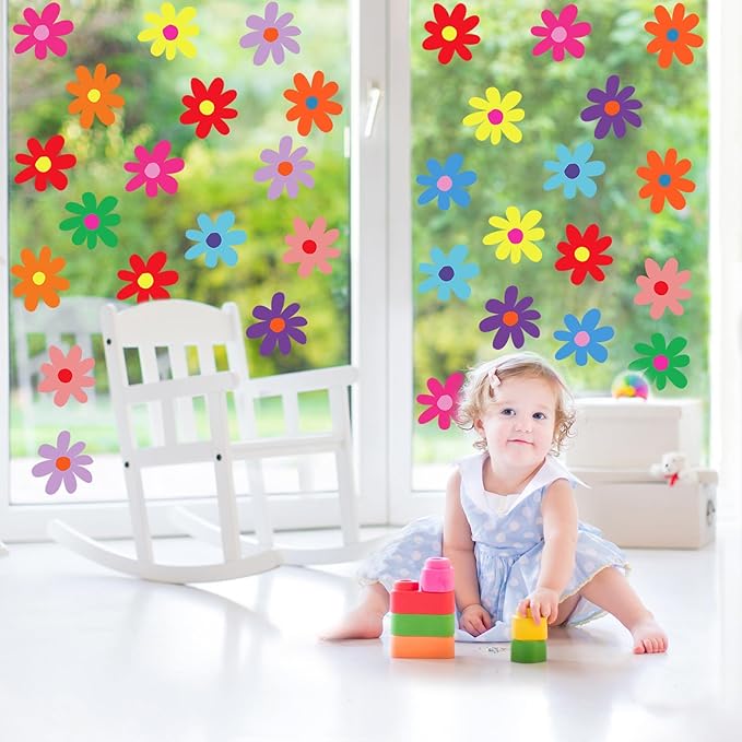 BBTO Daisy Wall Decal Flower Vinyl Wall Decals Daisy Stickers Floral Decals Peel and Stick for Nursery Art Bedroom Living Room(Simple Style,Rainbow Color)
