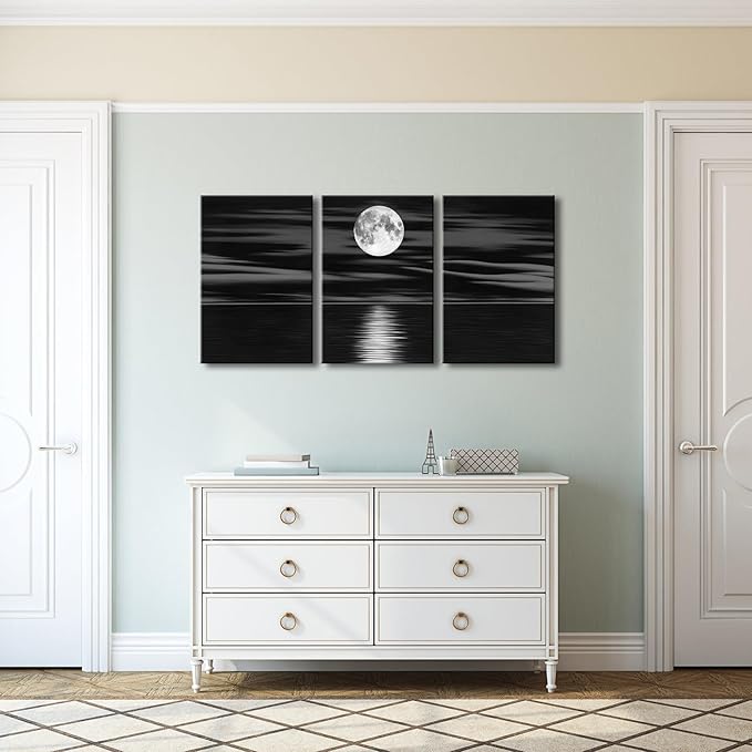 Wieco Art 3 Panel Sea White Full Moon in Night Canvas Print Wall Art Black and White Ocean Beach for Living Room Bedroom Kitchen Home Decorations Modern Abstract Artwork