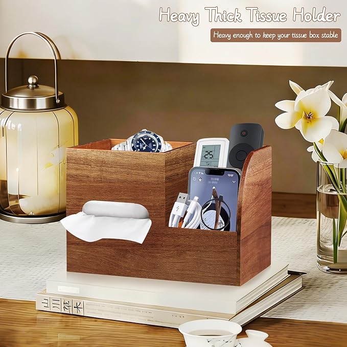 Tissue Box Cover Square, Acacia Wood Tissues Cube Box Holder with Storage Tray, Multifunctional Remote Control Holder Organizer for Bathroom, Vanity Countertop, Nightstand, Farmhouse Decor