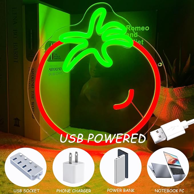 Tomato Neon Sign for Wall Decor,Cute Fruit LED Neon Light 9.4 * 10.2 inch Dimmable USB Kawaii Small Vegetables Tomato Light Up Sign for Boys Girls Room Restaurant Birthday Party barn