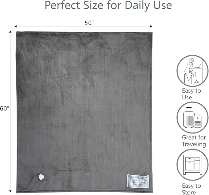Tefici Electric Heated Blanket Throw, Super Cozy Soft 2-Layer Flannel 50" x 60" Heated Throw with 6 Heating Levels & 4 Hours Auto Off, Machine Washable, ETL&FCC Certified, Home Office Use,Grey
