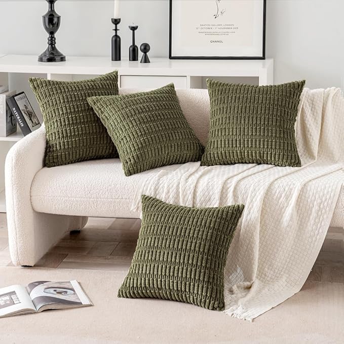 MIULEE Pack of 4 Olive Green Corduroy Decorative Throw Pillow Covers 20x20 Inch Soft Boho Striped Pillow Covers Modern Farmhouse Home Decor for Sofa Living Room Couch Bed