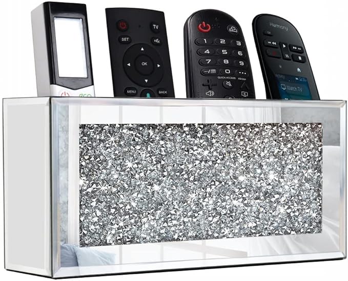 Mirrored Remote Holder, Wall Mounted Crush Diamond Bling Decoration Organizer Storage Box for Remote Phone Pad Wallet Notebook (8.3"×2.5"×4" For 3 or 4 Remote Controls) | Bling Decoration