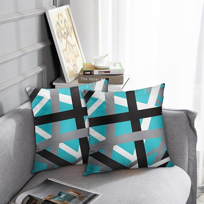 Emvency Set of 2 Throw Pillow Cover Turquoise Black Stripes Grey White Design Retro Teal Decorative Pillow Case Striped Home Decor Square 20x20 Inch Cushion Pillowcase