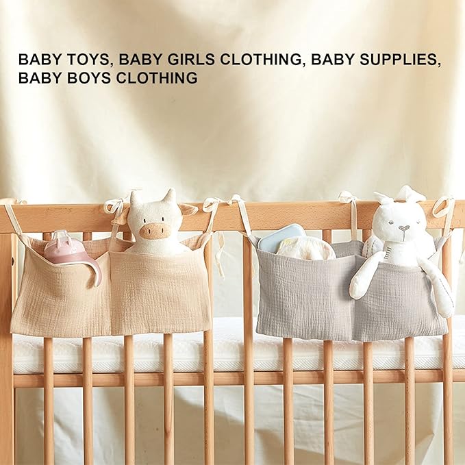 Diaper Caddy, Pure Cotton Cloth Baby Bedside Hanging Storage Bag Diaper Stacker Crib Organizer Hanging for Crib 2 Pockets Adjustable Strap Organizer for Baby Cribs and Toys (Beige)