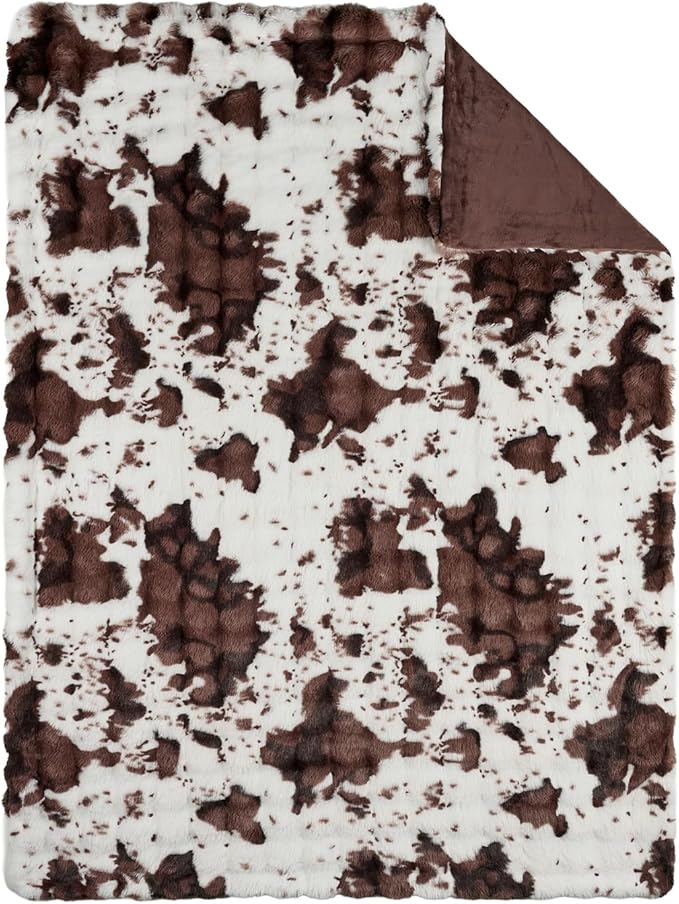 Lotus Karen Faux Fur Throw Blanket Cow Print-Dark Brown, Fluffy Fuzzy Plush Bubble Blanket for Couch, 90x90 InchesCozy Shaggy Rabbit Blanket, Luxury Decorative Gifts for Sofa Bedroom Living Room.