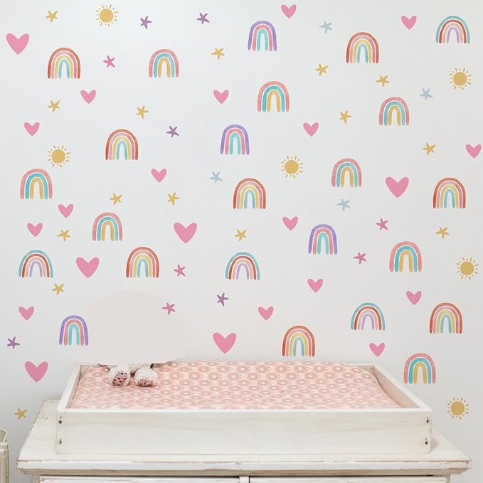 Epakh Rainbow Wall Decor Stickers Small Rainbow Decal Watercolor Heart Star Sun Wall Stickers Decor for Girls Boys Baby Bedroom Nursery(Classic Color)
