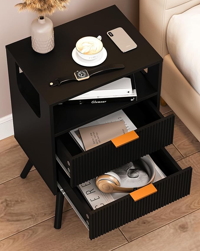 Black Nightstand,Modern Bedside Table with 2 Storage Drawer and Open Wood Shelf, for Bedroom and Small Spaces,Night Stand with Solid Wood Legs