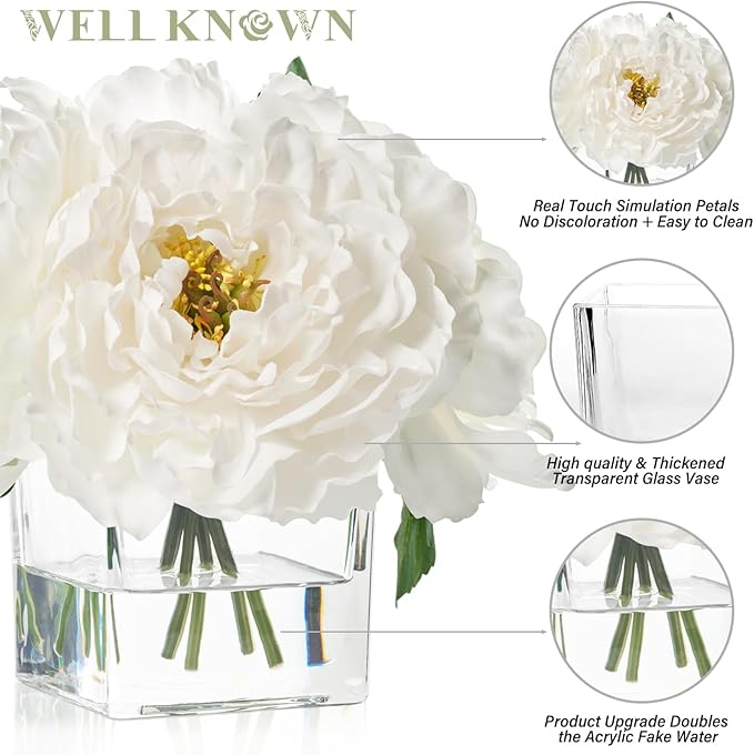 Artificial Peonies Flowers Arrangement in Cube Glass Vase, WELLKNOWN Ivory White Silk Flowers Centerpiece for Home Party Wedding Dining Coffee Table Decor, Faux Peony Flower Bouquet with Fake Water