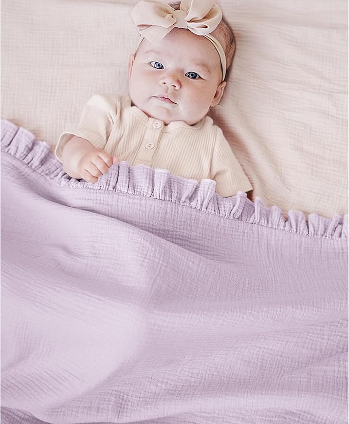 Konssy Flounce Muslin Baby Blanket for Girls Boys, 100% Cotton Soft Crib Swaddle Blankets, Reversible & Breathable Nursery Bedding for Newborns Toddlers, 40 x 36 Inches (Purple)