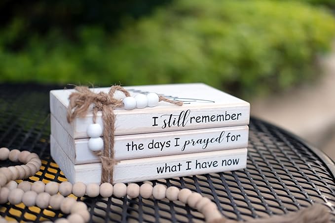 LIVDUCOT Wooden Decorative Books Stack for Coffee Table Faux Book Stack for Decoration I Still Remember the Days I Prayed Modern Farmhouse Decor White Book Decor for Shelf Mantle 7.5x5x3'
