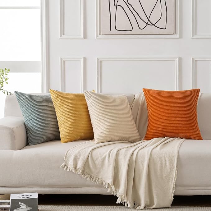 Volcanics Set of 4 Orange Teal Corduroy Decorative Couch Throw Pillow Covers 20x20 Inch, Modern Farmhouse Double-Sided Striped Cushion Cases, Soft Boho Square Accent Pillow Covers for Fall Home Decor