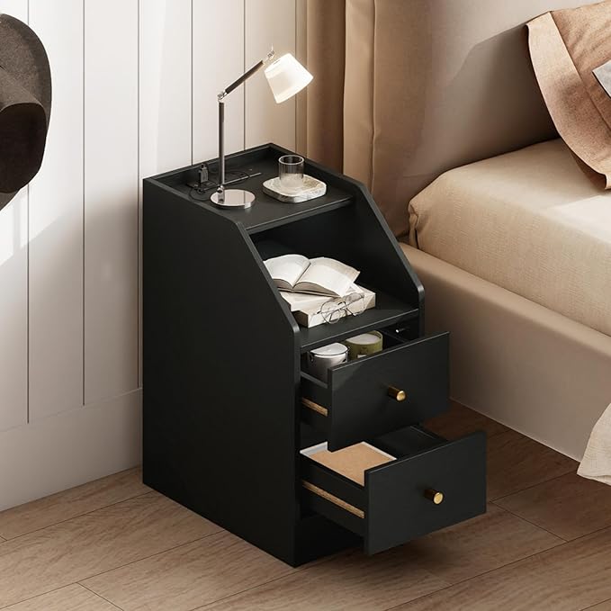 KOMFOTT Set of 2 Side Tables with Charging Station, End Tables with Storage Drawers, Sofa Couch Tables for Small Space, Modern Narrow Nightstands for Bedroom (Black,2)