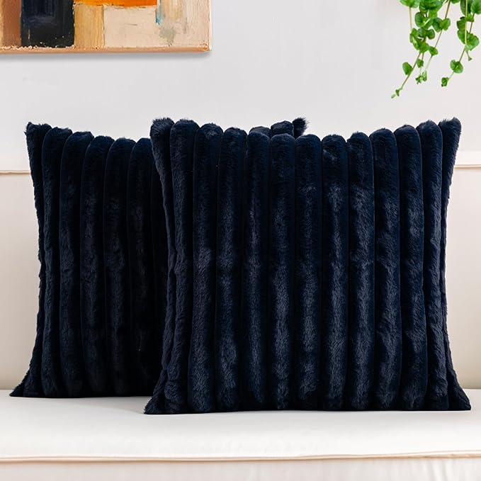 Aegero Pack of 2 Faux Fur Fall Throw Pillow Covers 20x20 Inch, Soft Plush Striped Neutral Couch Pillow Cover, with Velvet Back Modern Home Decor for Sofa Living Room Couch Bed Dark Blue