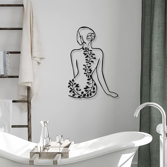 Photect 4 Pieces Metal Wall Art Decor Black Single Line Art Drawing Minimalist Abstract Female Woman Wall Sculptures Hanging Decor Accents for Bathroom Living Room(Modern)