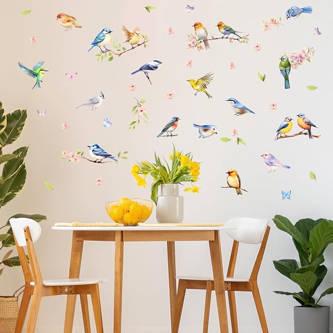 HLNIUC Branches Flowers Birds Wall Sticker 35”x12”DIY Spring Floral Window Clings Hummingbird on the Tree Branch Wall Decal Large Pink Cherry Blossom Removable Art Stickers for Living Room Kids Room
