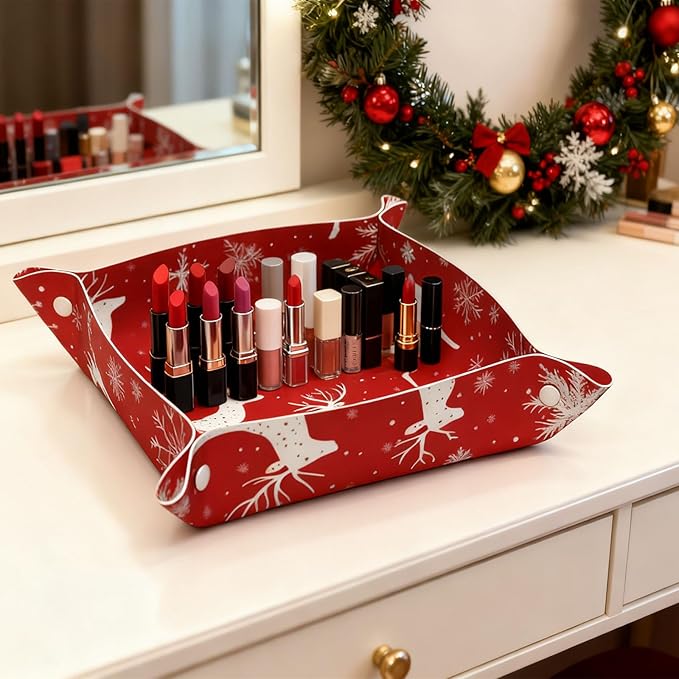 Tray Leather Valet Tray Deer Snowflakes Catchall Trays Key Organizer Night Stand Organizer Bedside Vanity Trays Decor for Entryway Table
