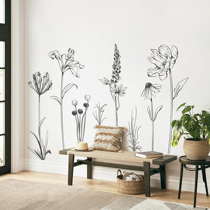Boho Black Flower Wall Decals Simple Sketch Wildflower Floral Wall Stickers for Girls Bedroom Living Room Bathroom Office Adult Home Decor
