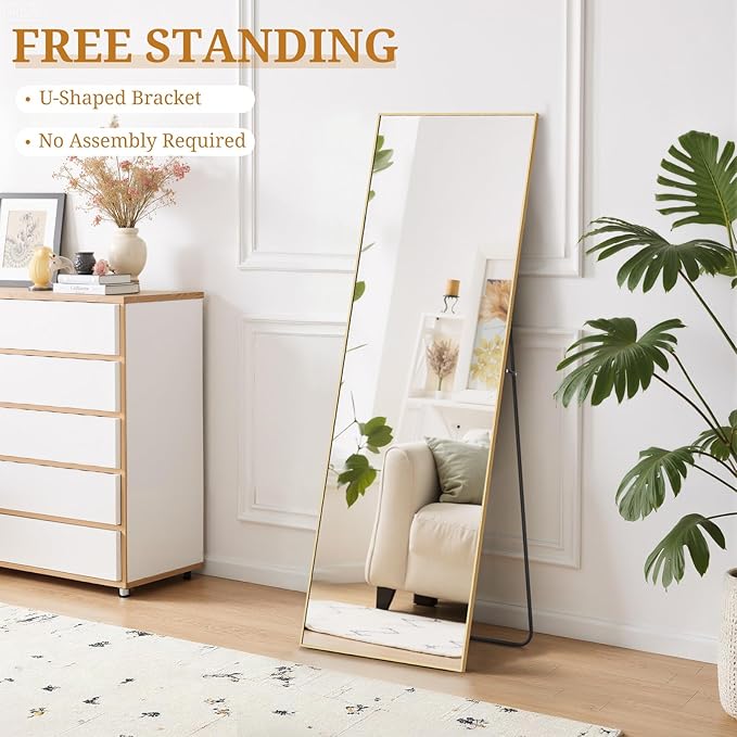 Full Length Mirror 56"x15" Full Body Mirror Rectangle Free Standing Wall Mounted Leaning Floor Mirrors with Stand Aluminum Alloy Frame for Bedroom Cloakroom, Gold