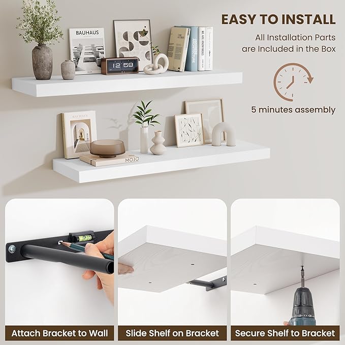 Fun Memories Floating Shelves for Wall, 32 Inch Long Floating Shelves Set of 2, 32 x 10 Wooden Shelves for Wall, Large Storage Shelves, Hanging Shelves for Bathroom Kitchen Bedroom, White