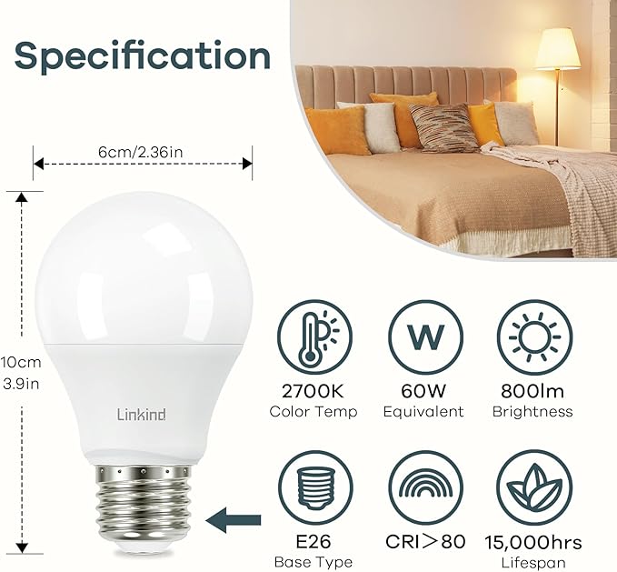 Linkind A19 LED Light Bulb, 60W Equivalent, 9W 2700K Soft White, 800 Lumens Non-Dimmable, E26 Standard Base, Energy Efficient UL Listed for Bedroom Home Office, 24 Pack