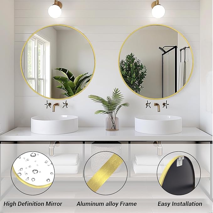Gold Circle Mirror, Round Mirror 20 inch, Gold Mirror Metal Frame, Round Wall Mirrors for Bathroom, Bedroom, Living Room, Entryway.