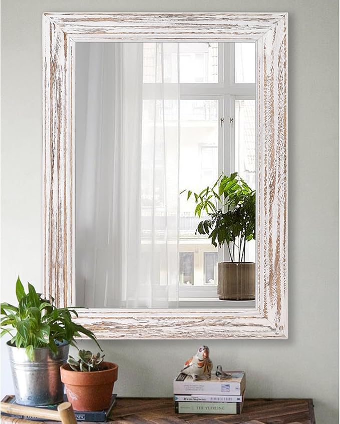 Wall Mirror with Rustic Wood Frame Rectangle Hanging Mirrors for Wall Large Decorative for Bathroom Bedroom Farmhouse Living Room Entryway 26"x18"