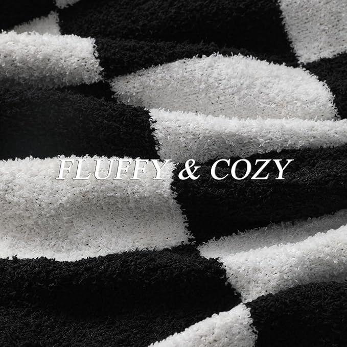 bearberry Fuzzy Checkerboard Grid Throw Blanket Soft Cozy Warm Microfiber All Season Blanket Decor for Couch Sofa Bed Travel Home (Black, 50''x60'')