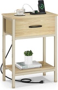 Vagusicc Nightstand with Charging Station, End Table with Fabric Drawer, Small Side Table with 2-Tier Storage Shelves, 25.4" Tall Night Stand, Bedside Table for Bedroom, Living Room, Dorm, Natural