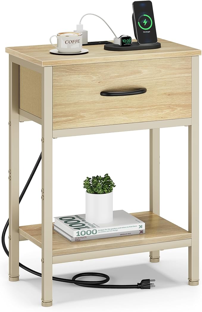 Vagusicc Nightstand with Charging Station, End Table with Fabric Drawer, Small Side Table with 2-Tier Storage Shelves, 25.4" Tall Night Stand, Bedside Table for Bedroom, Living Room, Dorm, Natural