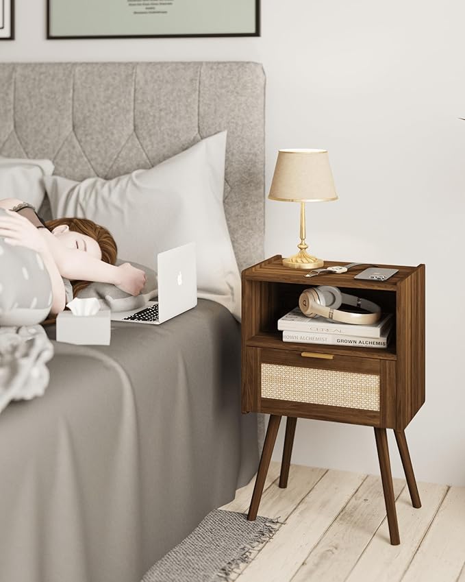 Nightstand,Modern Bedside Table with Storage Drawer and Open Wood Shelf, Accent Night Stand with Solid Wood Legs for Living Room, Bedroom and Small Spaces,Easy Assembly (Walnut Brown-Rattan)