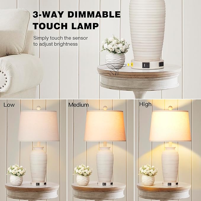 24.3" Farmhouse Jar Table Lamps Set of 2, 3 Way Touch Control Rustic Bedside Lamps with USB A+C Ports & AC Outlet, Pot Nightstand Lamps for Bedroom Living Room (LED Bulbs Included)