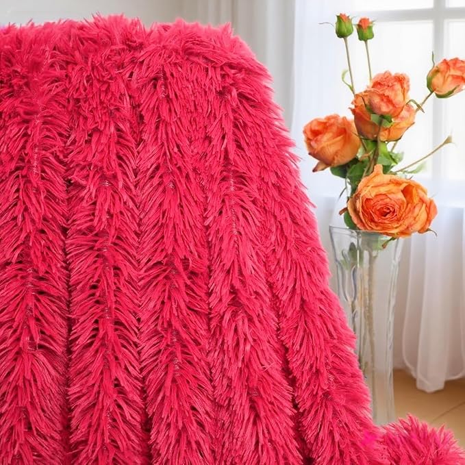 Plush Super Soft Blanket Bedding Sofa Cover Furry Fuzzy Fur Warm Throw Qulit Cozy Couch Blanket for Winter (63"x79", Pure Red)