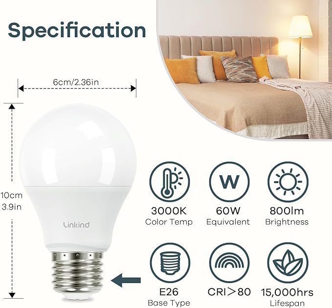 Linkind A19 LED Light Bulb, 60W Equivalent Light Bulbs, 8.5W 3000K Warm White, 800 Lumens Non-Dimmable LED Bulb, E26 Standard Base, 6-Pack