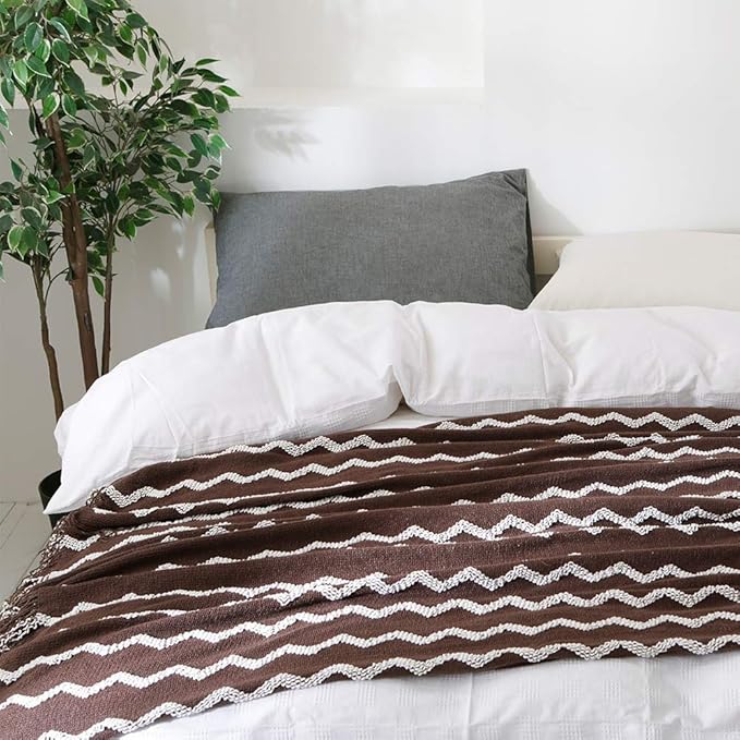 BOURINA Fluffy Chenille Knitted Fringe Throw Blanket Lightweight Soft Cozy for Bed Sofa Chair Throw Blankets, Brown 60"x80"