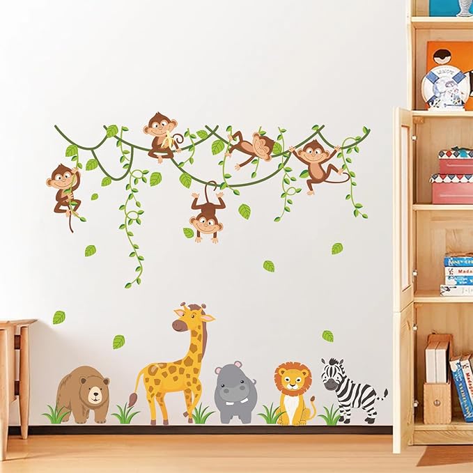 HLNIUC Jungle Themed Nursery Wall Decal 35”x24”Cartoon Safari Animals Wall Sticker Woodland Wildlife Monkey Giraffe Lion Window Cling Forest Tree Hanging Vine Room Stickers for Kids Room Bedroom Decor
