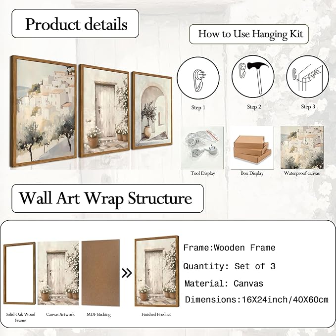 Framed Vintage Italian Wall Art Set of 3, Rustic Neutral Olive Tree Pictures Wall Decor, Mediterranean Farmhouse Landscape Paintings Canvas Prints Country Home Decor for Living Room Bedroom 16x24 inch