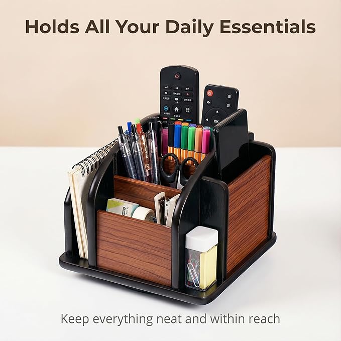 Wooden Desk Organizer with 6 Compartments, Remote Control Holder, Office Storage Caddy, Black and Brown Desk Organizer for Office Supplies