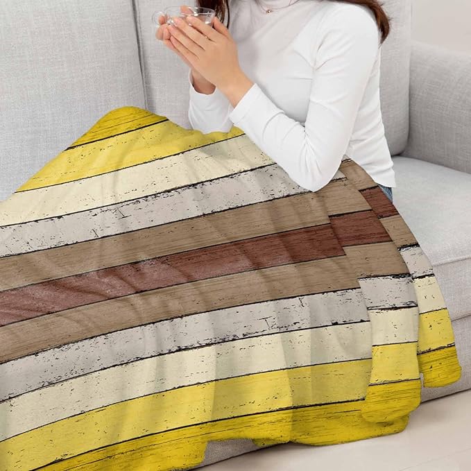 Farmhouse Yellow Brown Throw Blanket, Soft Fluffy Fuzzy Blankets & Throws for Bed/Couch, Vintage Country Wooden Lightweight Warm Blankets for Women Christmas Decor 50"x60"