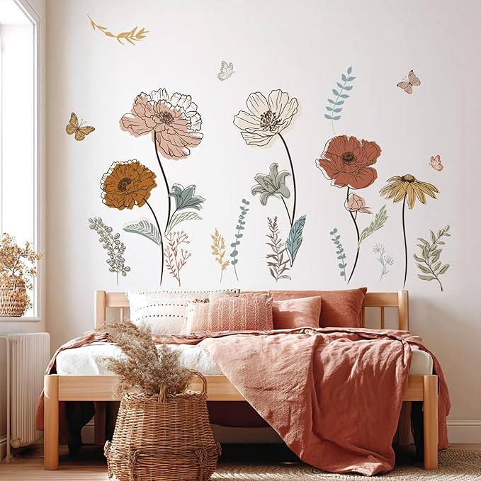 Large Boho Flower Wall Decals, Floral Grass and Butterfly Wall Stickers for Bedroom Living Room Decor Gifts for Mom